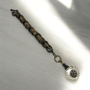 Antique Gold Brown Tone Metal Chain Bracelet Fabric Clear Pendant Toggle
